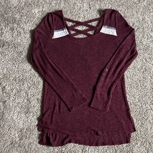 Long Length Maroon Long Sleeve Top with Lace Detail and Crisscross Back
